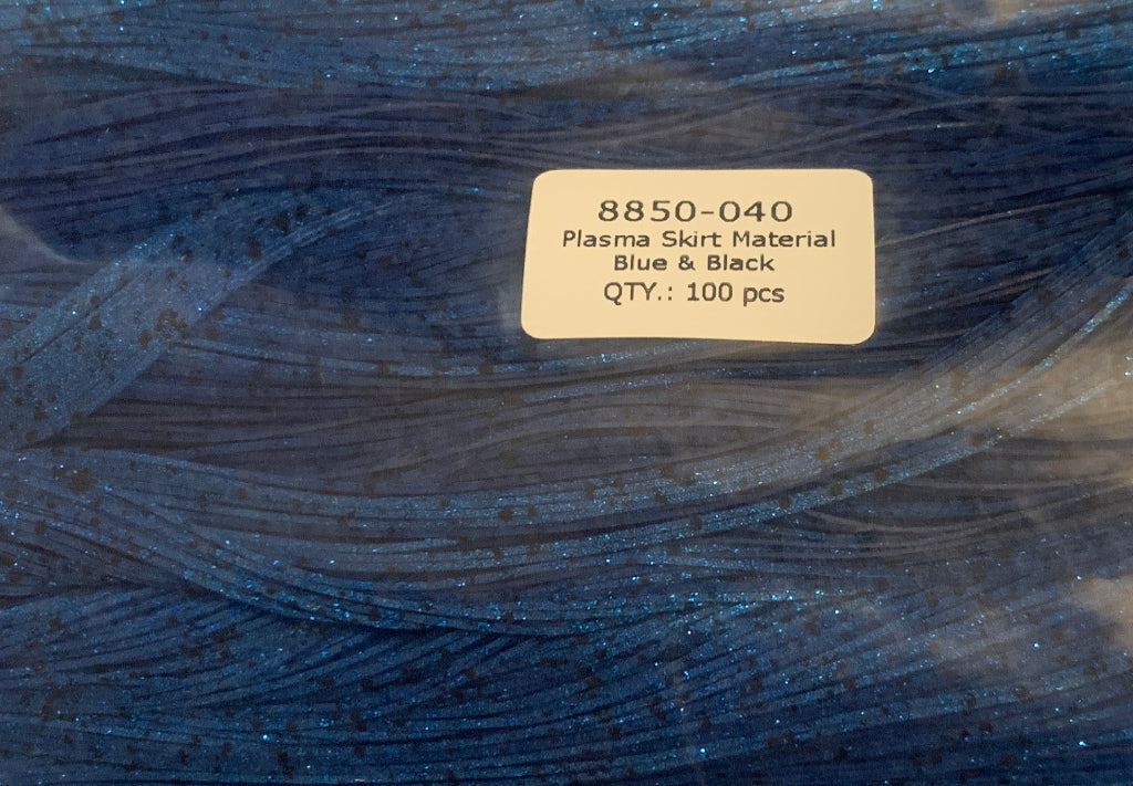 Blue and black Jig Skirt material with a label indicating quantity and description