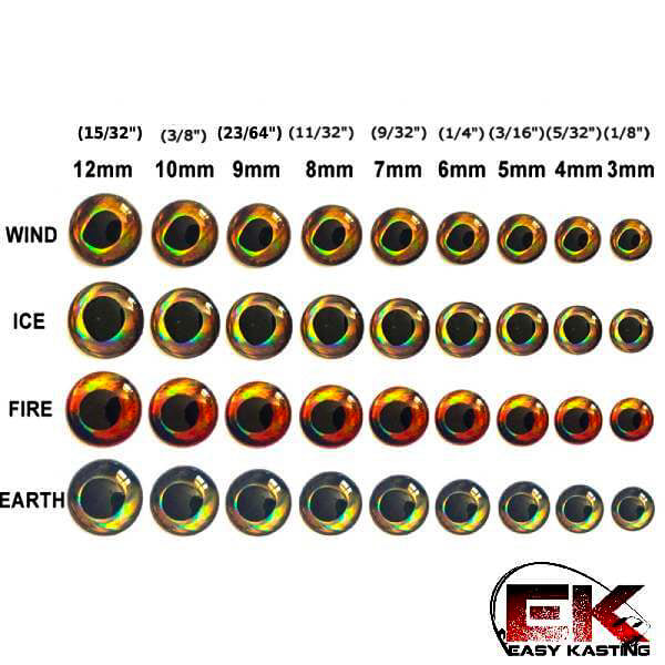 A set of 3D fishing lure eyes in various sizes, categorized by size and color, with a 'Wind' and 'Fire' effect label for each set.