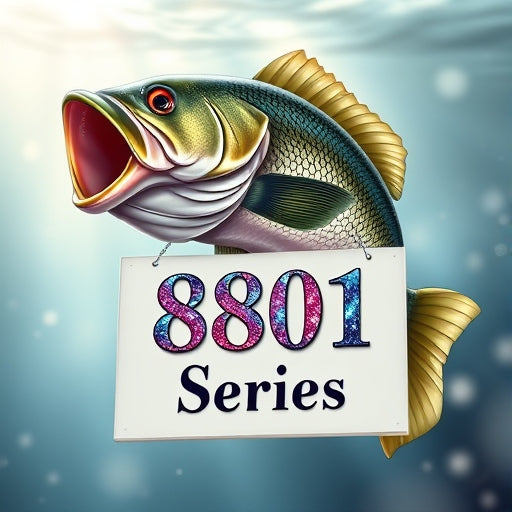 A bass fish holding a sign that reads '8801 Series' in FUTURA font, adorned with vibrant colored flakes and glitter. The image highlights the high-end silicone skirt material used in various fishing skirts applications.