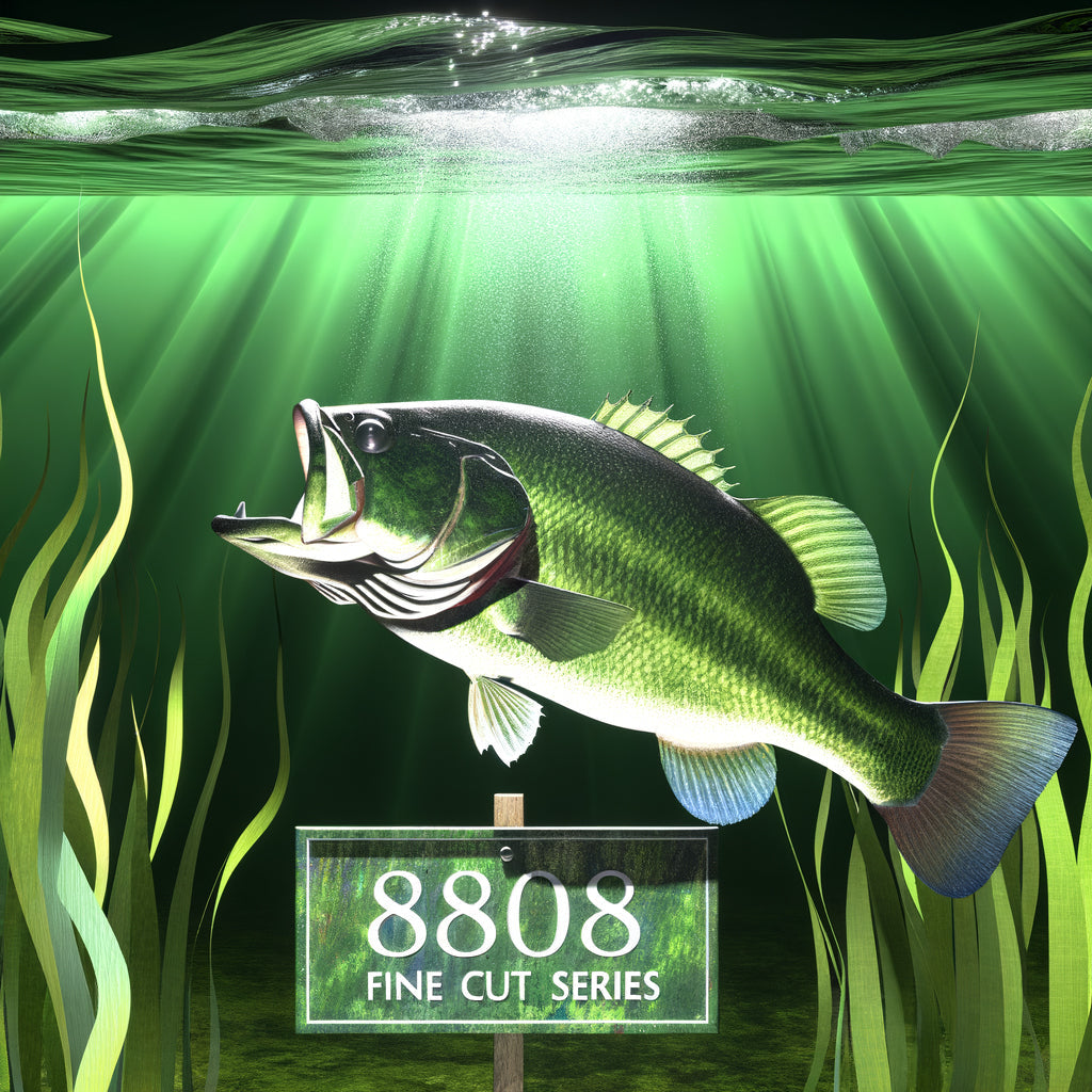 Image of a largemouth bass fish in a vivid green, frog-like atmosphere holding a sign that says '8808 FINE CUT SERIES' in Futura font. Showcasing the fine cut finesse skirt tabs.