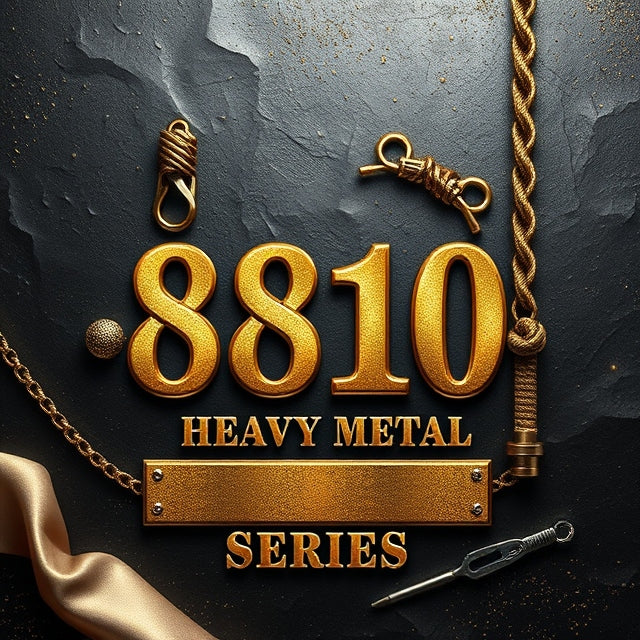 Detailed luxury illustration of metal fishing knots and gear on a rugged, dark metallic background with gold, satin, and glitter accents. Featuring a sleek Futura font sign stating 8810 Heavy Metal Series.