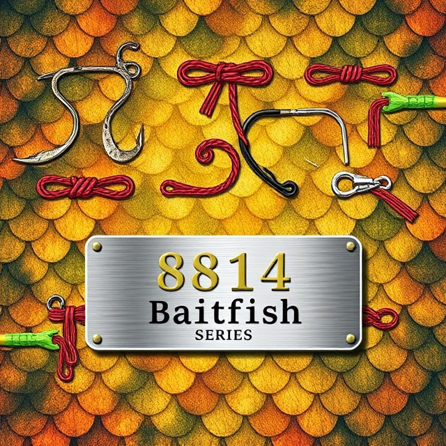 8814 Baitfish Series Silicone Skirt Tabs featuring fishing knots and gear illustrations in rugged green, dark yellow, and red fish scale patterns, with a sleek '8814 Bait Fish Series' sign in Futura Font.