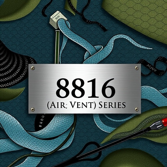 Abstract background featuring tidal patterns with fish scales and nets in black, blue, and olive shades. Central refined illustrations of fishing knots and gear, with a sleek metallic "8816 Ripple (Air Vent) Series" sign.