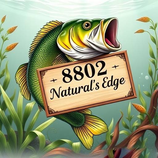 A bass holding a sign that reads '8802 Natural's Edge' in sleek FUTURA font, surrounded by green pumpkin and craw colors. The scene highlights the premium (jig and spinnerbait skirts). Natural and elegant details blend in the underwater surroundings.