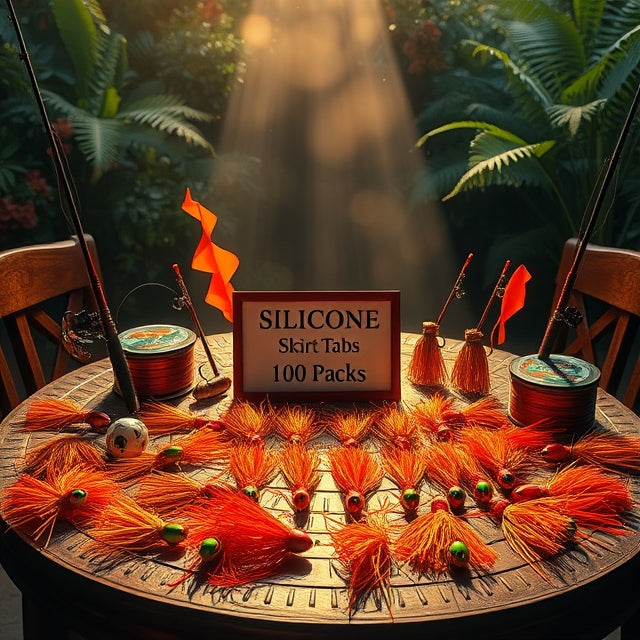 A detailed scene with a fiery table adorned with football jigs and skirted baits. Fishing rods and lines surround the table, and a sign reads 'Silicone Skirt Tabs in 100 Packs' in Futura font. The vibrant scene showcases fishing equipment.