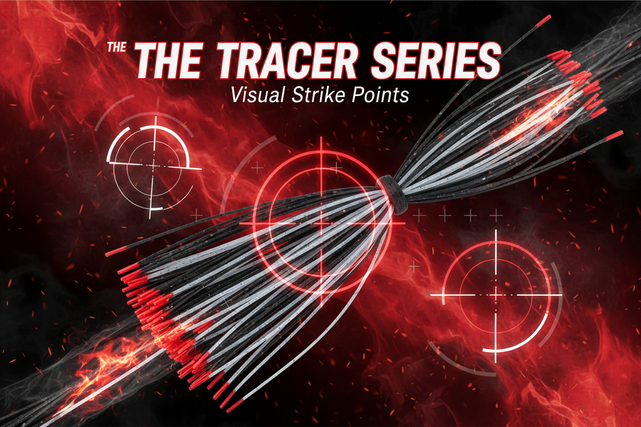 THE TRACER SERIES - Visual Strike Points premium silicone skirt tabs - Fire tip skirt material with high-contrast endpoints for reaction strikes - Easy Kasting