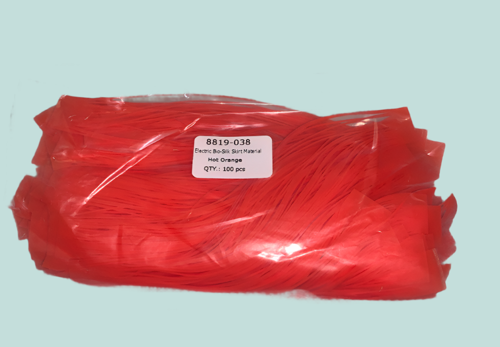 8819-038 Hot Orange Electric Bio-Silk Skirt Tabs for highly-visible jig skirts, vibrant and irresistible to fish.