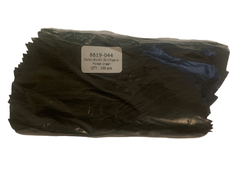 A pack of Forest Green skirt tabs for custom jig skirts, sealed in a plastic bag with a white label showing the brand and product information.