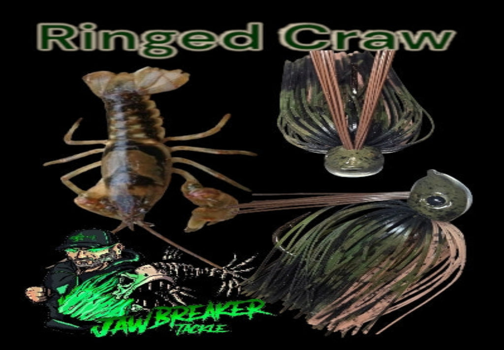 Ringed Craw fishing lure Skirt build with Jawbreaker Tackle branding on a black background